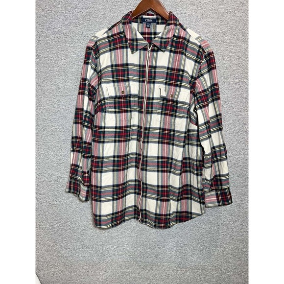 Chaps Shirt Men 1X Plaid Long Sleeve Full Zip Chest Pockets Casual Red White - Picture 1 of 9